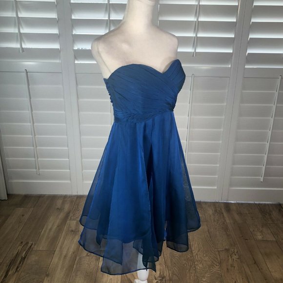 La Femme Strapless Cocktail Dress BlueTurquoise Iridescent Mini 8 Chiffon Panels - Picture 2 of 13